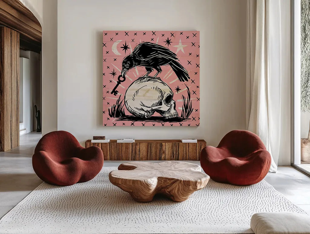 Mystical Halloween Pink V by Mary Urban. Shown as extra-large giant wall art in a modern living room. Available as an archival giclee rolled canvas, fine art paper, or poster print. SKU 48093a.