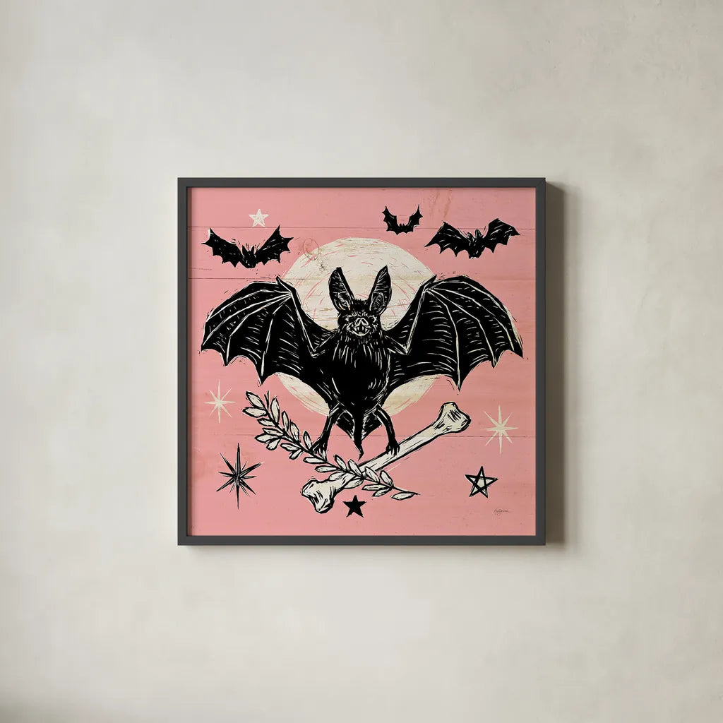 Mystical Halloween Pink VI by Mary Urban. Shown in a sleek black glass frame for a contemporary gallery look. Available as an archival giclee rolled canvas, fine art paper, or poster print. SKU 48094a.
