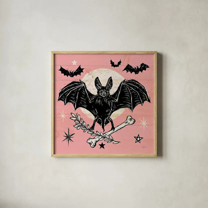 Mystical Halloween Pink VI by Mary Urban. Shown in a natural wood glass frame for a timeless modern aesthetic. Available as an archival giclee rolled canvas, fine art paper, or poster print. SKU 48094a.
