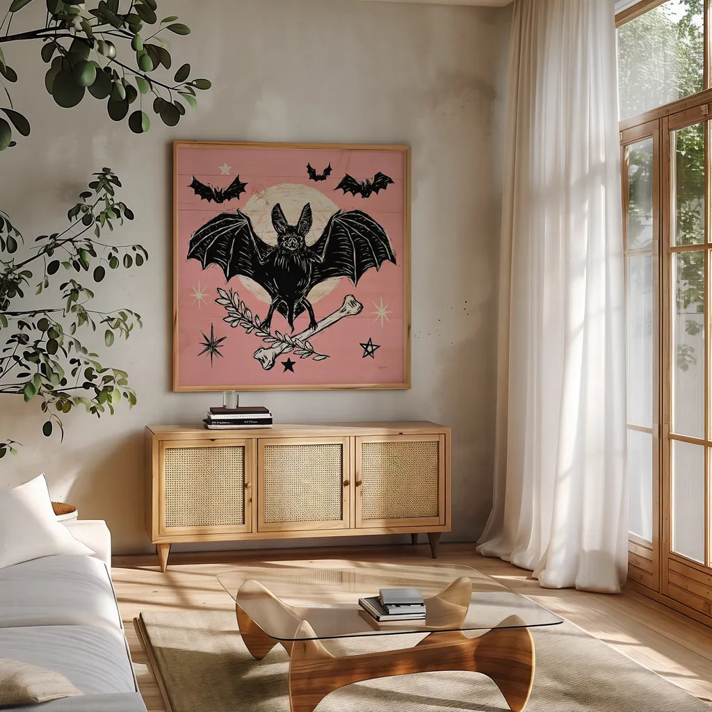 Mystical Halloween Pink VI by Mary Urban. Shown in a natural wood frame in a cozy modern living room. Available as an archival giclee rolled canvas, fine art paper, or poster print. SKU 48094a.