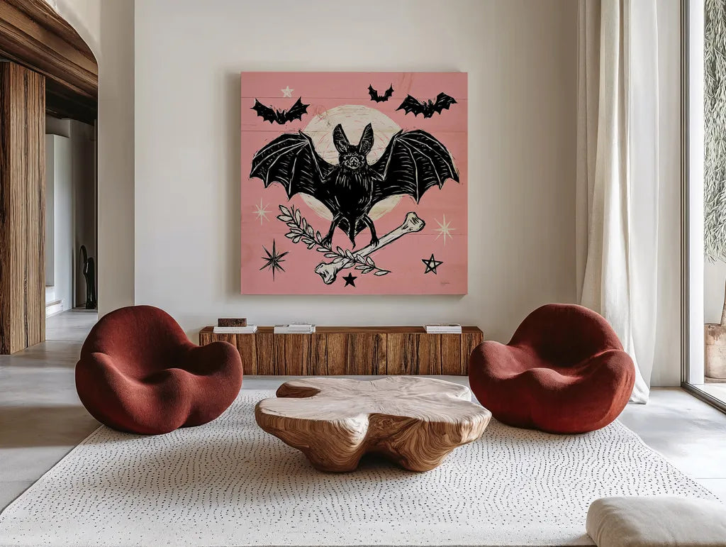 Mystical Halloween Pink VI by Mary Urban. Shown as extra-large giant wall art in a modern living room. Available as an archival giclee rolled canvas, fine art paper, or poster print. SKU 48094a.
