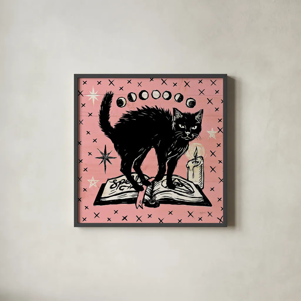 Mystical Halloween Pink VII by Mary Urban. Shown in a sleek black glass frame for a contemporary gallery look. Available as an archival giclee rolled canvas, fine art paper, or poster print. SKU 48095a.