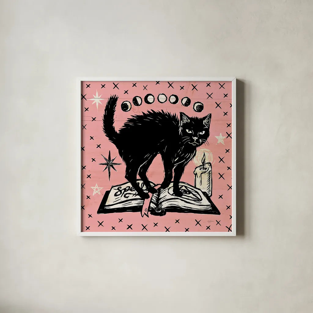 Mystical Halloween Pink VII by Mary Urban. Shown in a crisp white glass frame for a clean and minimalist style. Available as an archival giclee rolled canvas, fine art paper, or poster print. SKU 48095a.