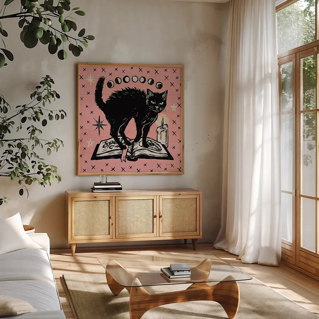 Mystical Halloween Pink VII by Mary Urban. Shown in a natural wood frame in a cozy modern living room. Available as an archival giclee rolled canvas, fine art paper, or poster print. SKU 48095a.
