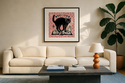 Mystical Halloween Pink VII by Mary Urban. Displayed in a glass frame with matte in a clean modern living room. Available as an archival giclee rolled canvas, fine art paper, or poster print. SKU 48095a.