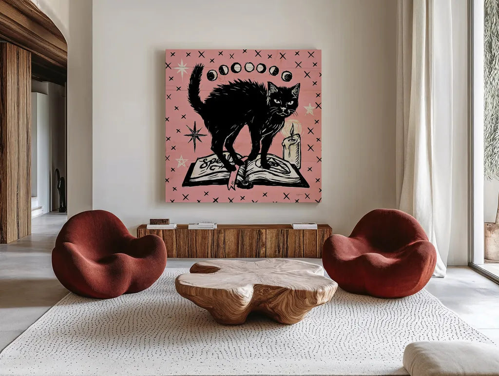 Mystical Halloween Pink VII by Mary Urban. Shown as extra-large giant wall art in a modern living room. Available as an archival giclee rolled canvas, fine art paper, or poster print. SKU 48095a.