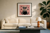 Mystical Halloween Pink VIII by Mary Urban. Displayed in a glass frame with matte in a clean modern living room. Available as an archival giclee rolled canvas, fine art paper, or poster print. SKU 48096a.