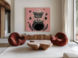 Mystical Halloween Pink VIII by Mary Urban. Shown as extra-large giant wall art in a modern living room. Available as an archival giclee rolled canvas, fine art paper, or poster print. SKU 48096a.