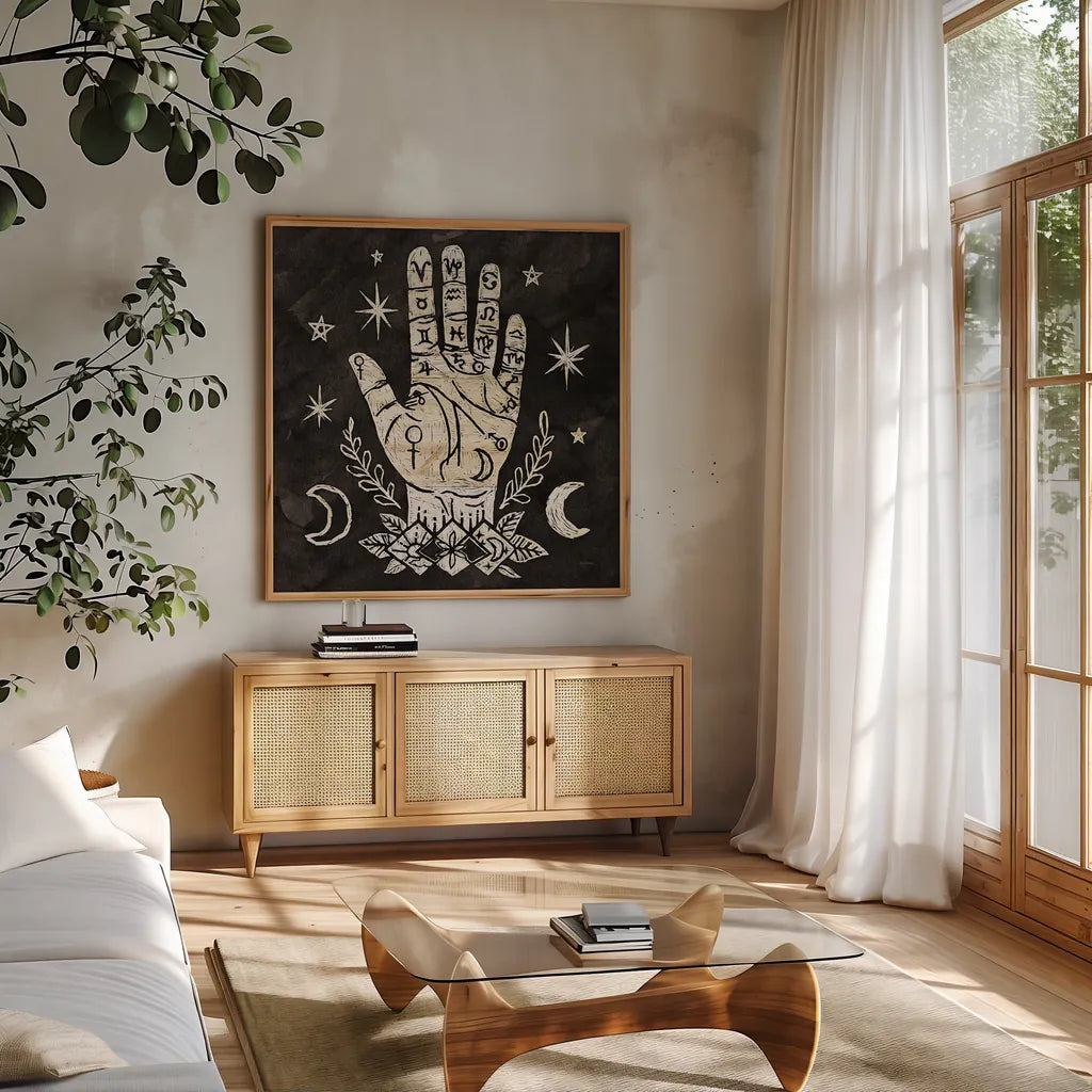 Mystical Halloween Wood I by Mary Urban. Shown in a natural wood frame in a cozy modern living room. Available as an archival giclee rolled canvas, fine art paper, or poster print. SKU 42014a.