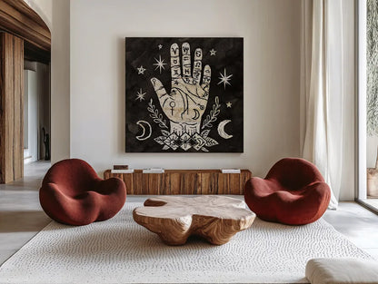 Mystical Halloween Wood I by Mary Urban. Shown as extra-large giant wall art in a modern living room. Available as an archival giclee rolled canvas, fine art paper, or poster print. SKU 42014a.