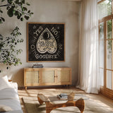 Mystical Halloween Wood II by Mary Urban. Shown in a natural wood frame in a cozy modern living room. Available as an archival giclee rolled canvas, fine art paper, or poster print. SKU 42015a.