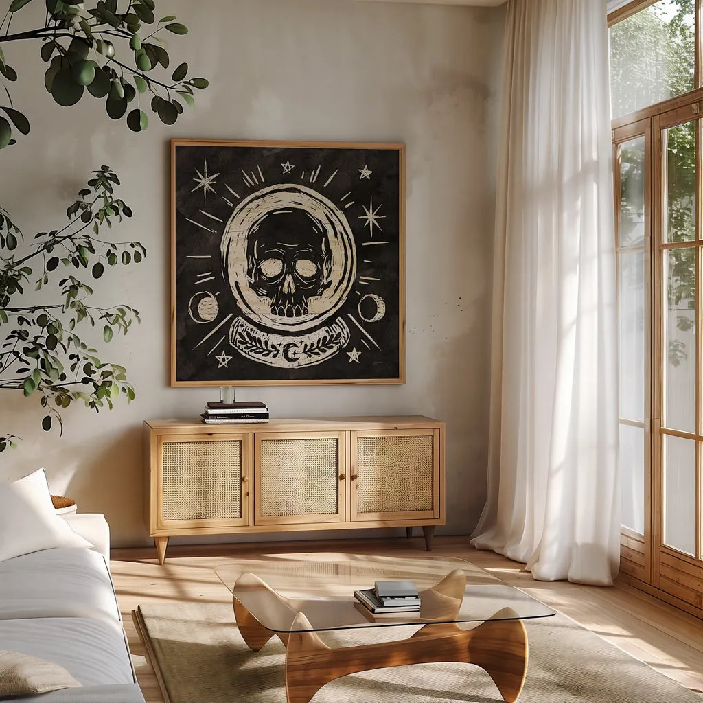 Mystical Halloween Wood III by Mary Urban. Shown in a natural wood frame in a cozy modern living room. Available as an archival giclee rolled canvas, fine art paper, or poster print. SKU 42016a.