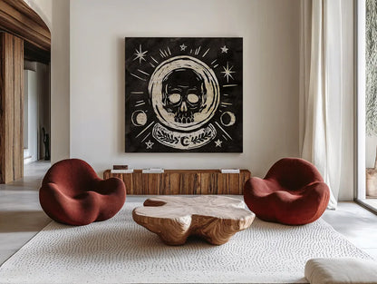 Mystical Halloween Wood III by Mary Urban. Shown as extra-large giant wall art in a modern living room. Available as an archival giclee rolled canvas, fine art paper, or poster print. SKU 42016a.