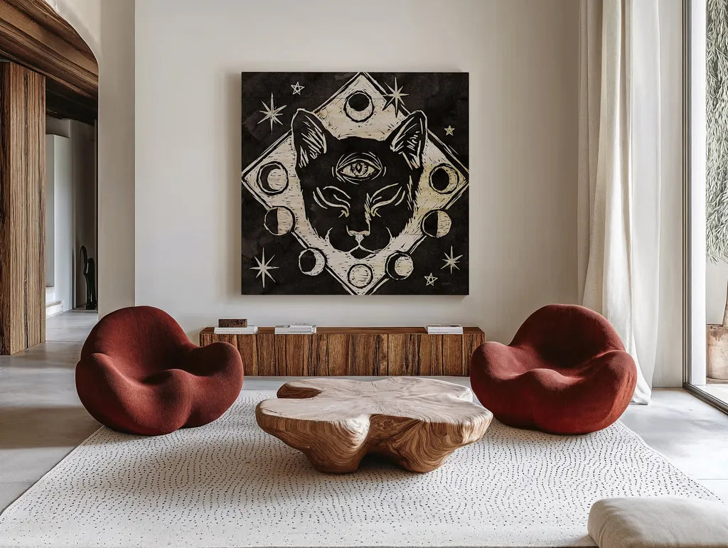 Mystical Halloween Wood IV by Mary Urban. Shown as extra-large giant wall art in a modern living room. Available as an archival giclee rolled canvas, fine art paper, or poster print. SKU 42017a.