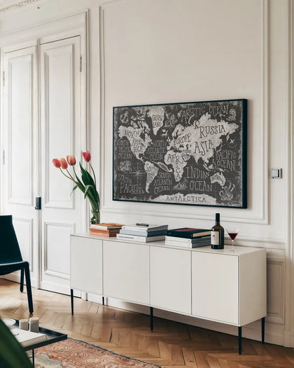 Mythical Map I by Mary Urban. shown as a framed stretched canvas in a living room above a console. Available as a archival giclee rolled canvas, fine art paper, or poster print. SKU 30732i.