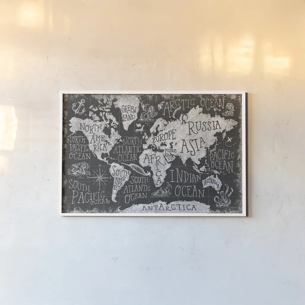 Mythical Map I by Mary Urban. shown as a paper print in a white frame. Available as a archival giclee rolled canvas, fine art paper, or poster print. SKU 30732i.