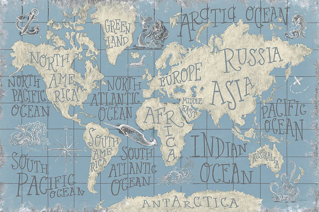 Mythical Map I Blue by Mary Urban. SKU 33580i. Archival Giclee Fine art print for wall decor.