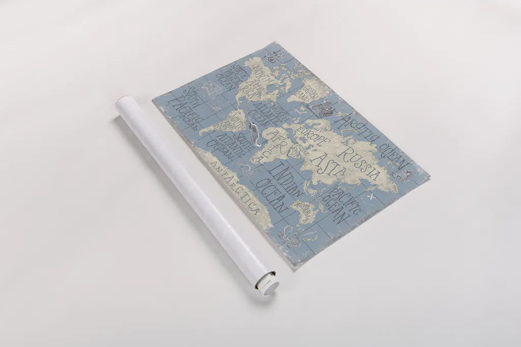 Mythical Map I Blue by Mary Urban. shown as a rolled paper print. Available as archival giclee rolled canvas, fine art paper, or poster print. SKU 33580i.