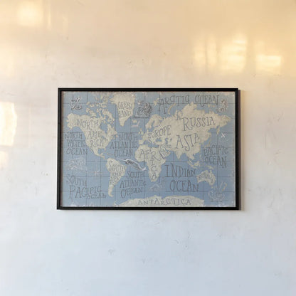 Mythical Map I Blue by Mary Urban. shown as a paper print in a black flame. Available as a archival giclee rolled canvas, fine art paper, or poster print. SKU 33580i.