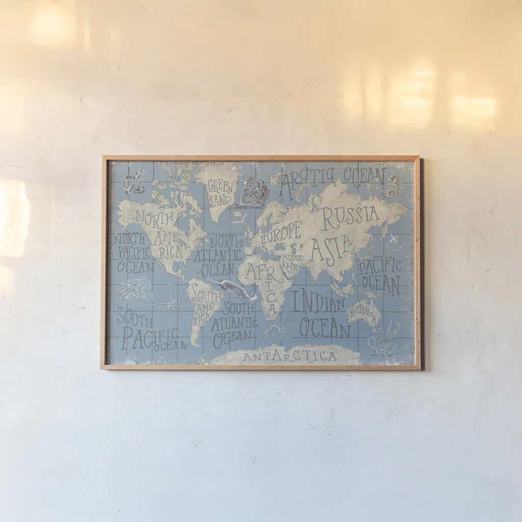 Mythical Map I Blue by Mary Urban. shown as a paper print in a natural frame. Available as a archival giclee rolled canvas, fine art paper, or poster print. SKU 33580i.