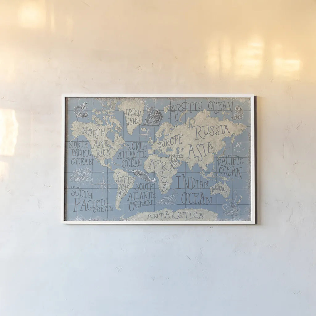 Mythical Map I Blue by Mary Urban. shown as a paper print in a white frame. Available as a archival giclee rolled canvas, fine art paper, or poster print. SKU 33580i.