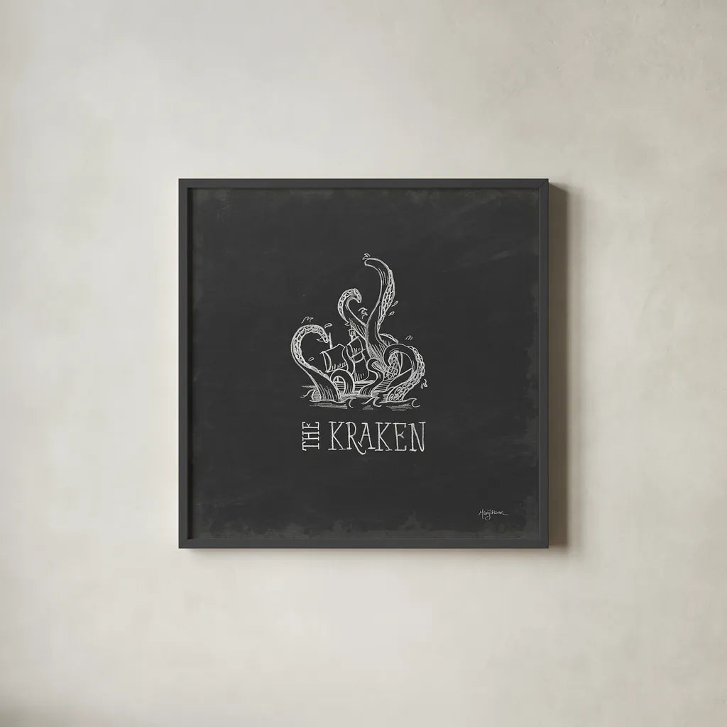 Mythical Map II by Mary Urban. Shown in a sleek black glass frame for a contemporary gallery look. Available as an archival giclee rolled canvas, fine art paper, or poster print. SKU 30733a.