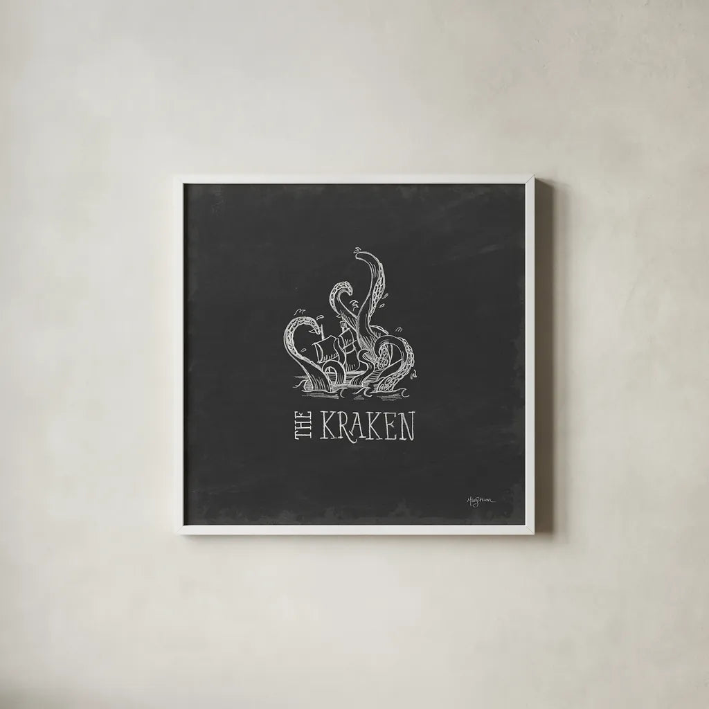 Mythical Map II by Mary Urban. Shown in a crisp white glass frame for a clean and minimalist style. Available as an archival giclee rolled canvas, fine art paper, or poster print. SKU 30733a.