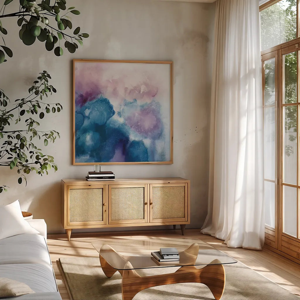 Nebula I Crop by Mary Urban. Shown in a natural wood frame in a cozy modern living room. Available as an archival giclee rolled canvas, fine art paper, or poster print. SKU 35921a.