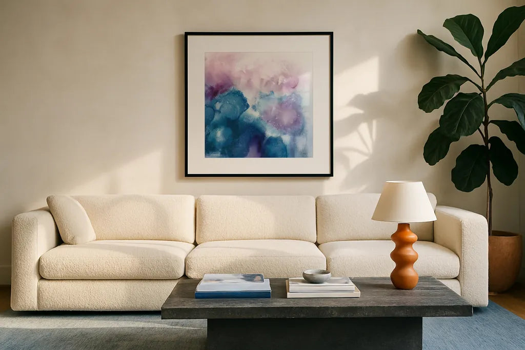 Nebula I Crop by Mary Urban. Displayed in a glass frame with matte in a clean modern living room. Available as an archival giclee rolled canvas, fine art paper, or poster print. SKU 35921a.