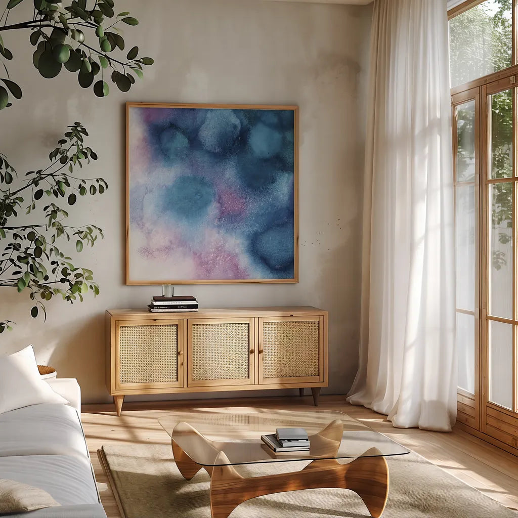 Nebula II Crop by Mary Urban. Shown in a natural wood frame in a cozy modern living room. Available as an archival giclee rolled canvas, fine art paper, or poster print. SKU 35922a.
