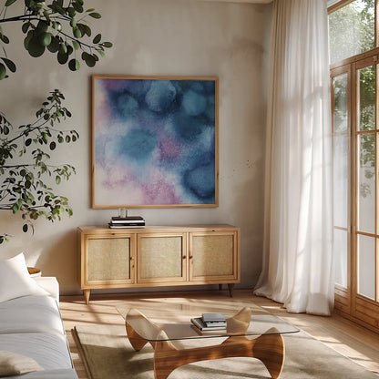Nebula II Crop by Mary Urban. Shown in a natural wood frame in a cozy modern living room. Available as an archival giclee rolled canvas, fine art paper, or poster print. SKU 35922a.