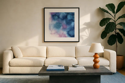Nebula II Crop by Mary Urban. Displayed in a glass frame with matte in a clean modern living room. Available as an archival giclee rolled canvas, fine art paper, or poster print. SKU 35922a.