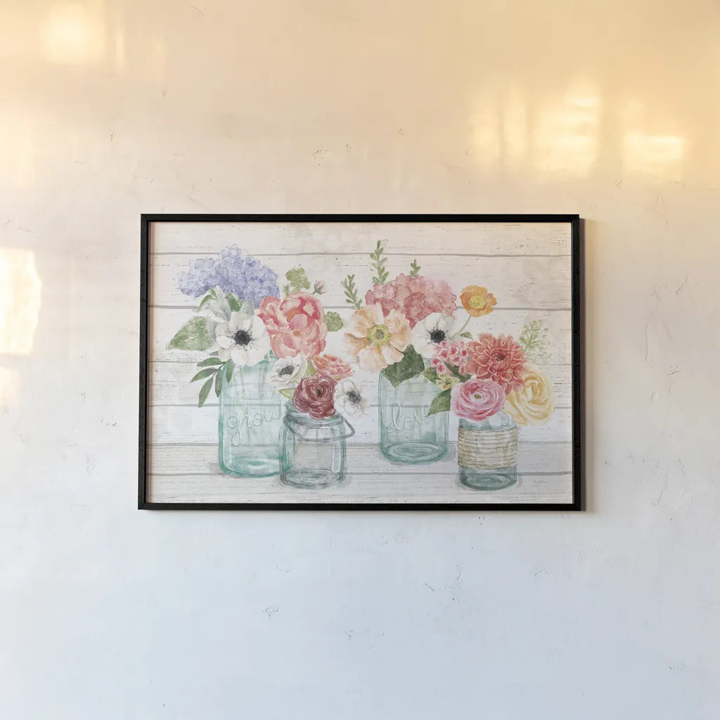 Pastel Flower Market I by Mary Urban. shown as a paper print in a black flame. Available as a archival giclee rolled canvas, fine art paper, or poster print. SKU 54116i.