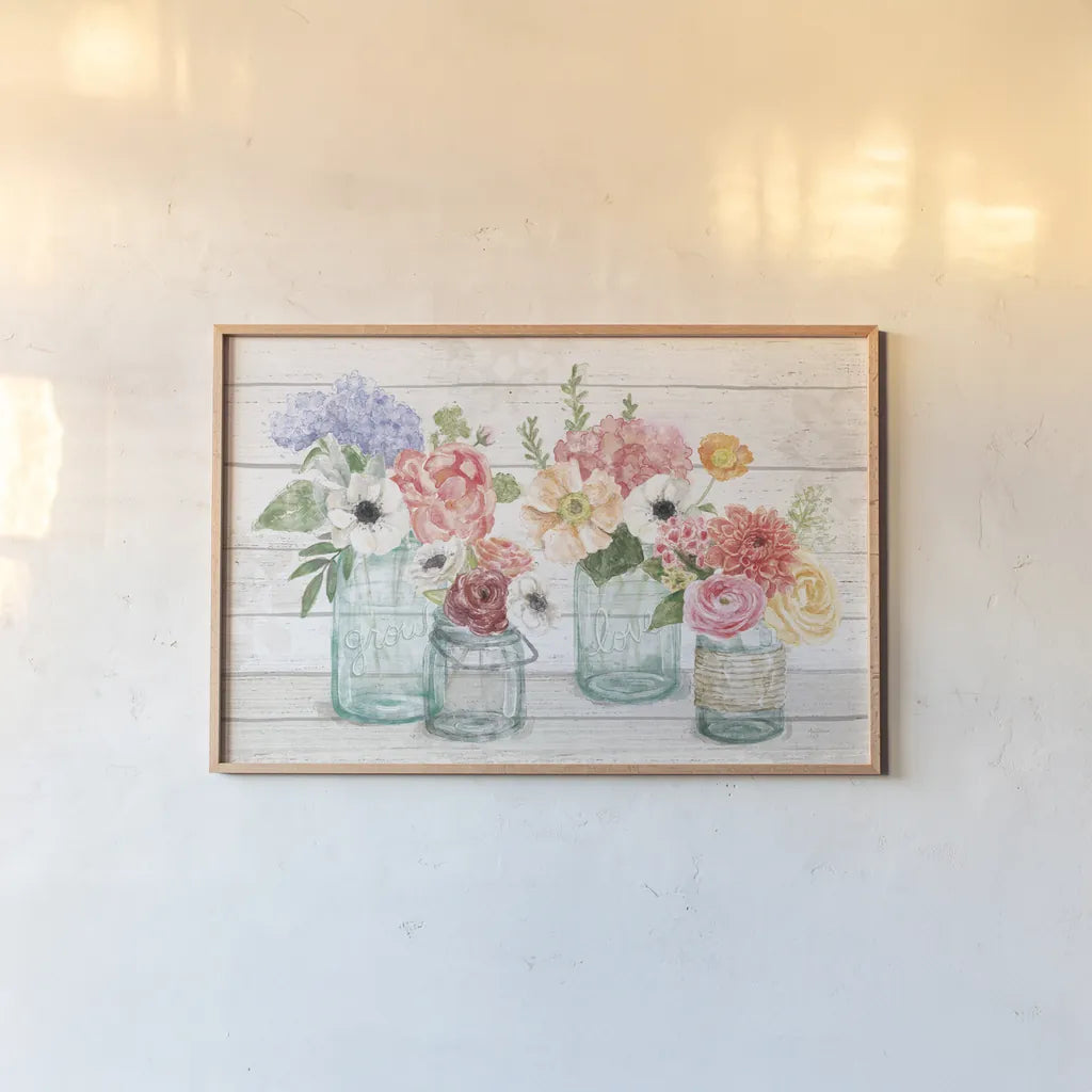 Pastel Flower Market I by Mary Urban. shown as a paper print in a natural frame. Available as a archival giclee rolled canvas, fine art paper, or poster print. SKU 54116i.