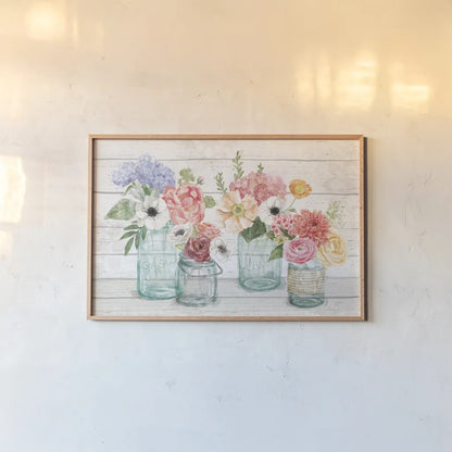 Pastel Flower Market I by Mary Urban. shown as a paper print in a natural frame. Available as a archival giclee rolled canvas, fine art paper, or poster print. SKU 54116i.