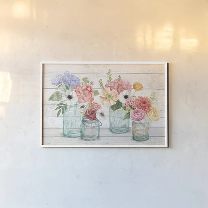 Pastel Flower Market I by Mary Urban. shown as a paper print in a white frame. Available as a archival giclee rolled canvas, fine art paper, or poster print. SKU 54116i.