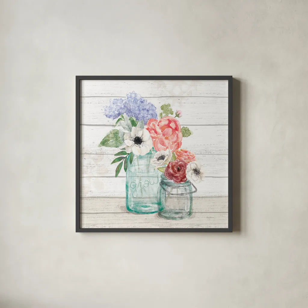 Pastel Flower Market XII by Mary Urban. Shown in a sleek black glass frame for a contemporary gallery look. Available as an archival giclee rolled canvas, fine art paper, or poster print. SKU 55294a.
