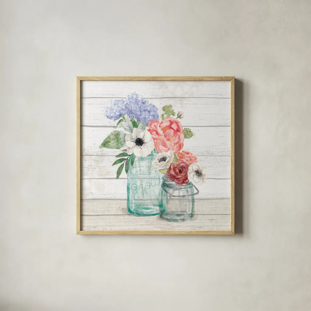 Pastel Flower Market XII by Mary Urban. Shown in a natural wood glass frame for a timeless modern aesthetic. Available as an archival giclee rolled canvas, fine art paper, or poster print. SKU 55294a.