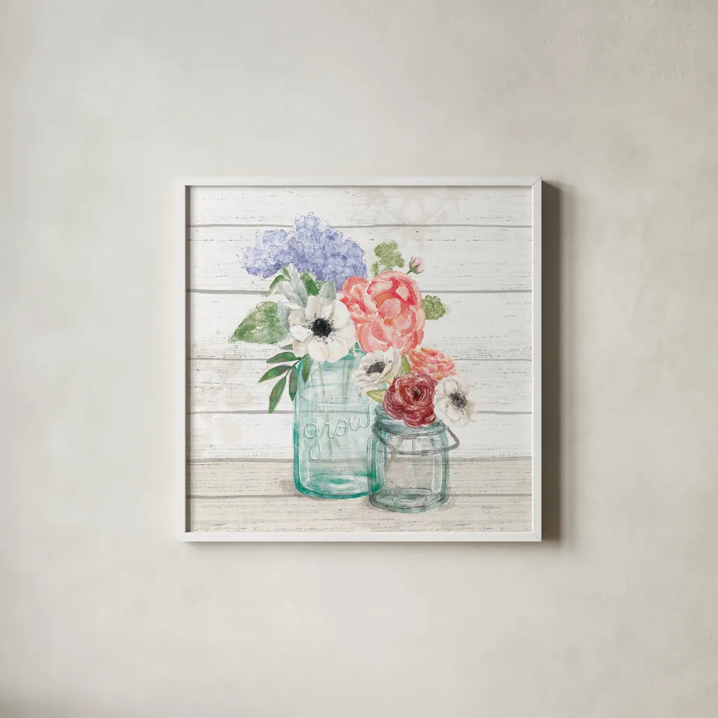Pastel Flower Market XII by Mary Urban. Shown in a crisp white glass frame for a clean and minimalist style. Available as an archival giclee rolled canvas, fine art paper, or poster print. SKU 55294a.