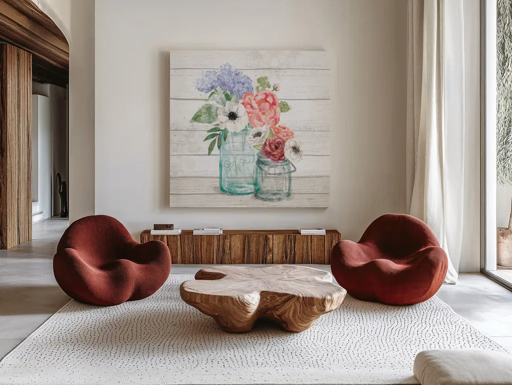 Pastel Flower Market XII by Mary Urban. Shown as extra-large giant wall art in a modern living room. Available as an archival giclee rolled canvas, fine art paper, or poster print. SKU 55294a.