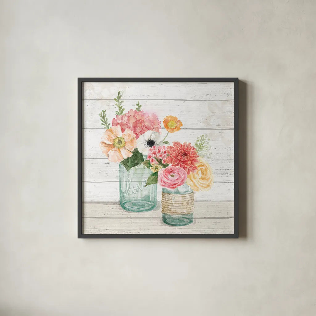 Pastel Flower Market XIII by Mary Urban. Shown in a sleek black glass frame for a contemporary gallery look. Available as an archival giclee rolled canvas, fine art paper, or poster print. SKU 55295a.