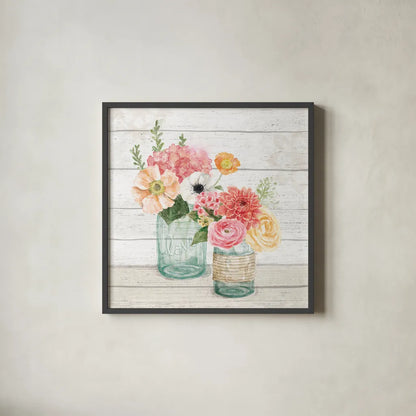 Pastel Flower Market XIII by Mary Urban. Shown in a sleek black glass frame for a contemporary gallery look. Available as an archival giclee rolled canvas, fine art paper, or poster print. SKU 55295a.
