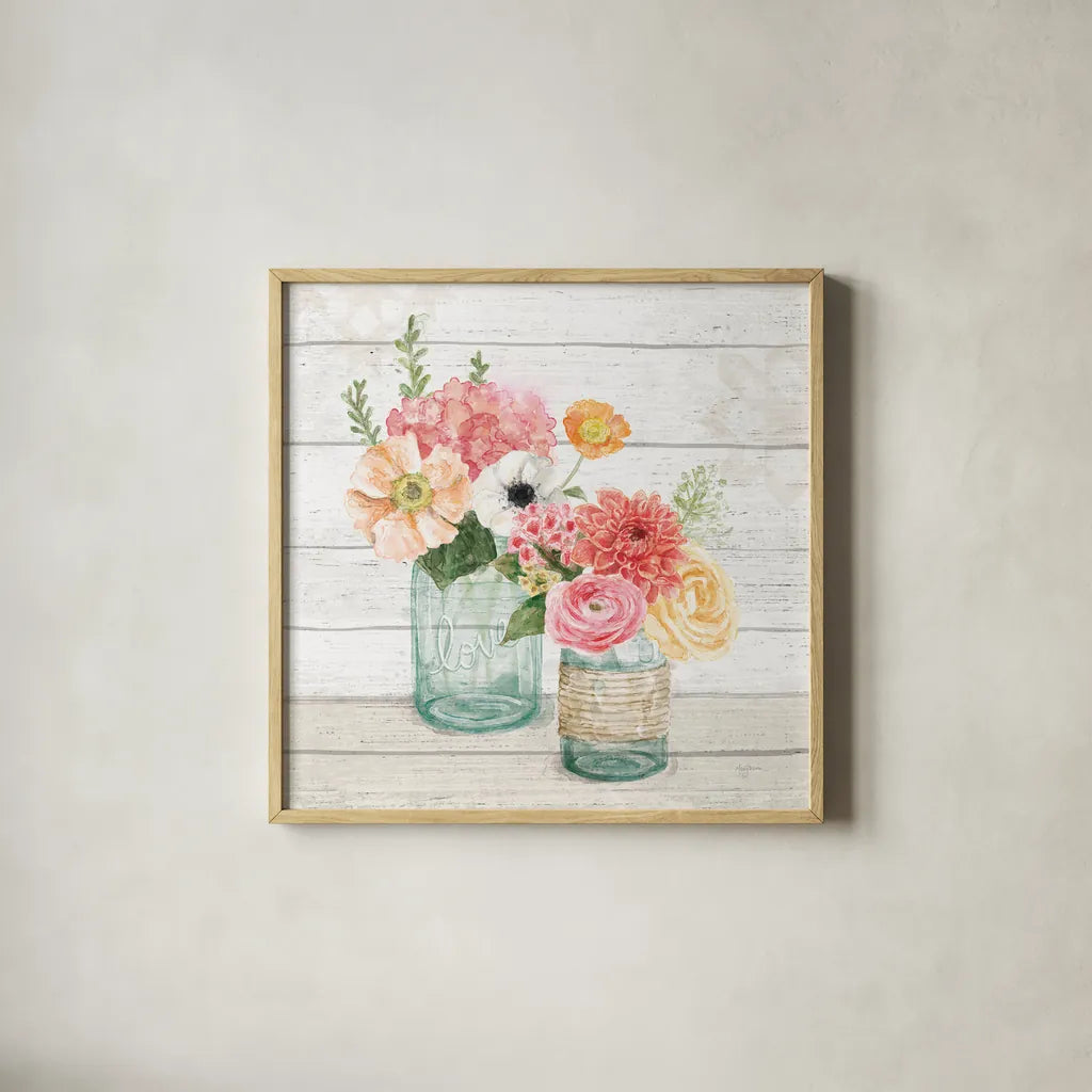 Pastel Flower Market XIII by Mary Urban. Shown in a natural wood glass frame for a timeless modern aesthetic. Available as an archival giclee rolled canvas, fine art paper, or poster print. SKU 55295a.