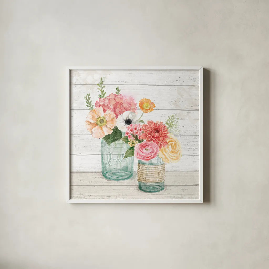 Pastel Flower Market XIII by Mary Urban. Shown in a crisp white glass frame for a clean and minimalist style. Available as an archival giclee rolled canvas, fine art paper, or poster print. SKU 55295a.