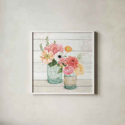 Pastel Flower Market XIII by Mary Urban. Shown in a crisp white glass frame for a clean and minimalist style. Available as an archival giclee rolled canvas, fine art paper, or poster print. SKU 55295a.