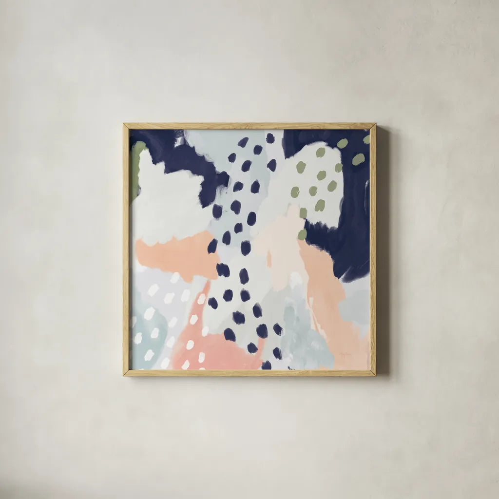 Pastel Life I Crop by Mary Urban. Shown in a natural wood glass frame for a timeless modern aesthetic. Available as an archival giclee rolled canvas, fine art paper, or poster print. SKU 48099a.