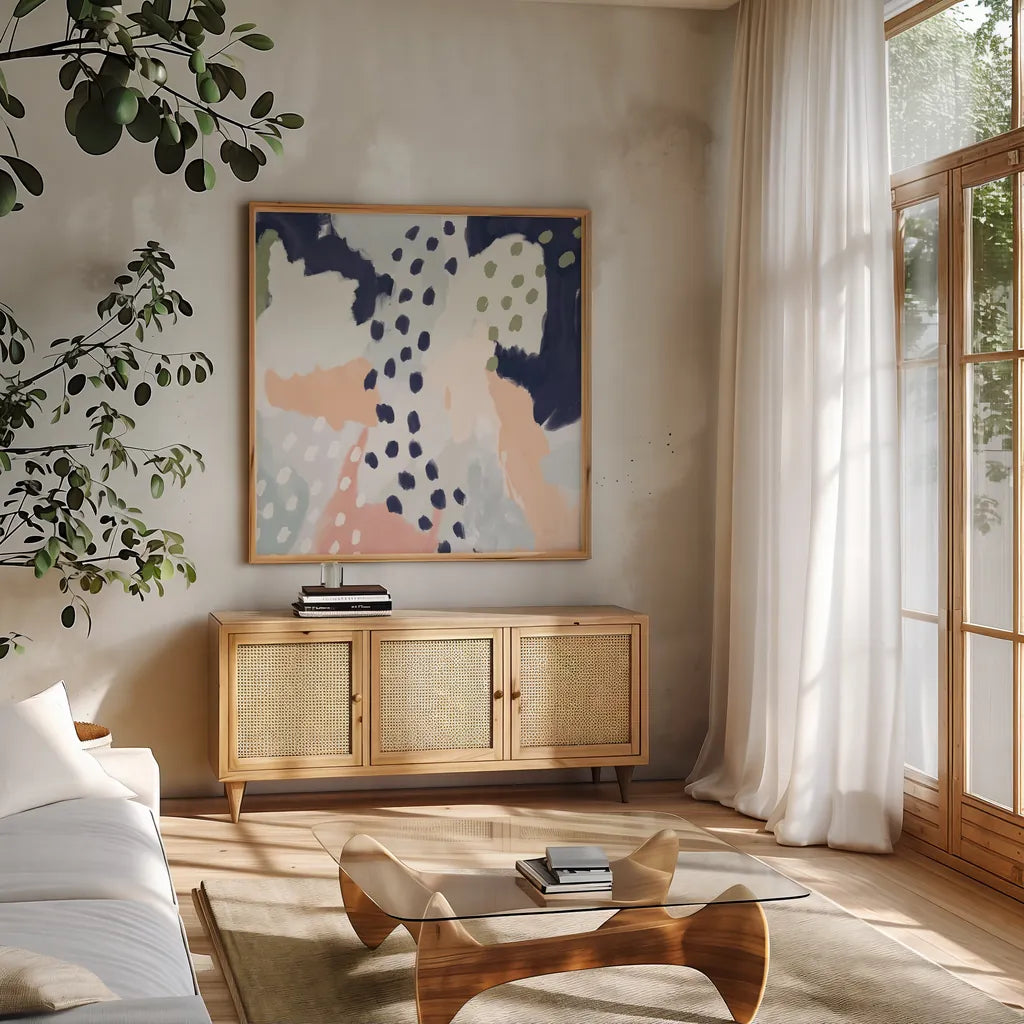 Pastel Life I Crop by Mary Urban. Shown in a natural wood frame in a cozy modern living room. Available as an archival giclee rolled canvas, fine art paper, or poster print. SKU 48099a.