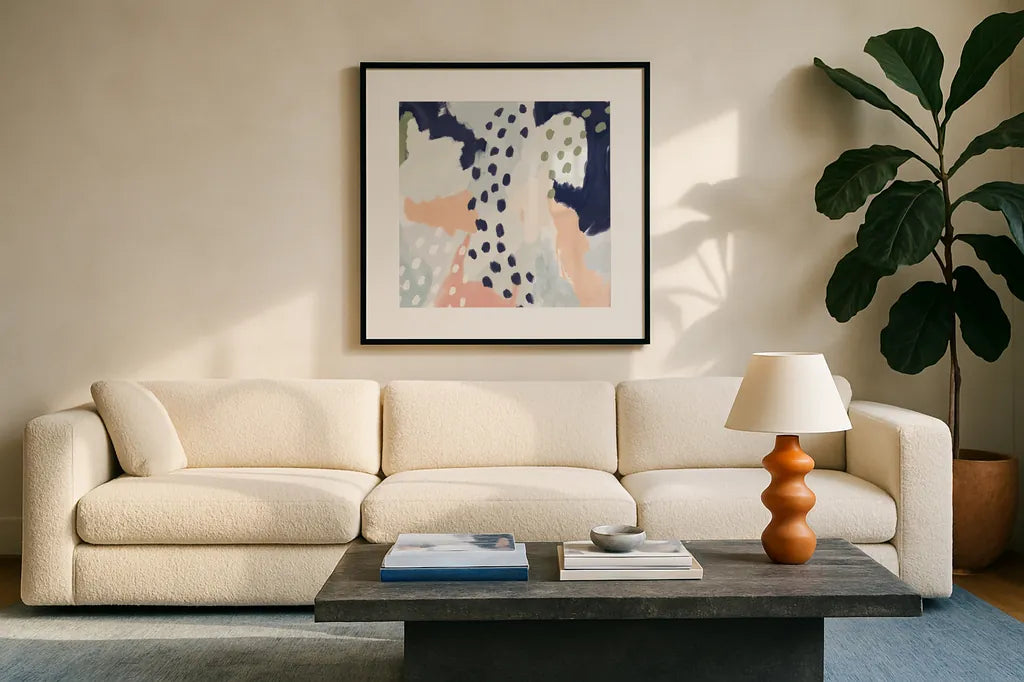 Pastel Life I Crop by Mary Urban. Displayed in a glass frame with matte in a clean modern living room. Available as an archival giclee rolled canvas, fine art paper, or poster print. SKU 48099a.