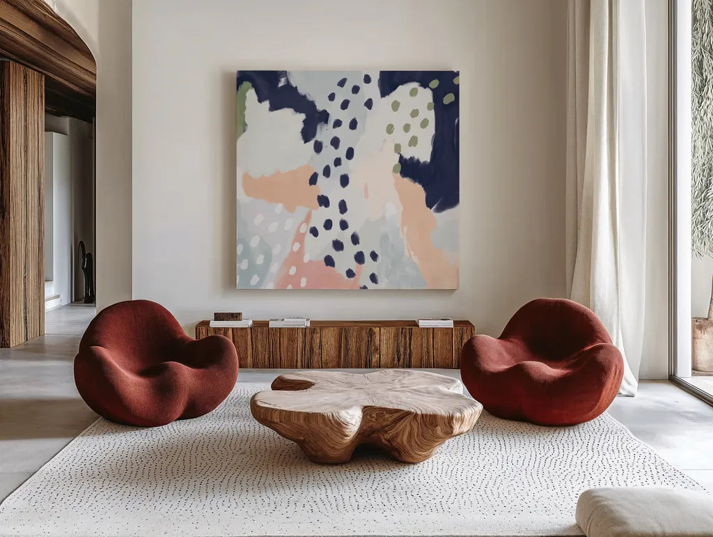 Pastel Life I Crop by Mary Urban. Shown as extra-large giant wall art in a modern living room. Available as an archival giclee rolled canvas, fine art paper, or poster print. SKU 48099a.