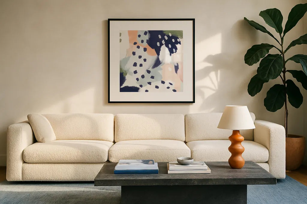 Pastel Life II Crop by Mary Urban. Displayed in a glass frame with matte in a clean modern living room. Available as an archival giclee rolled canvas, fine art paper, or poster print. SKU 48100a.